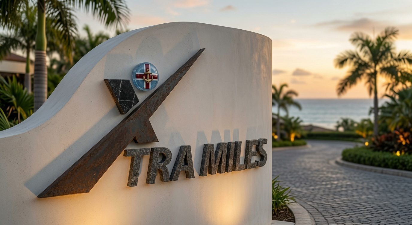 The XtraMiles sign on a curved wall at sunset, with palm trees and the sea behind it